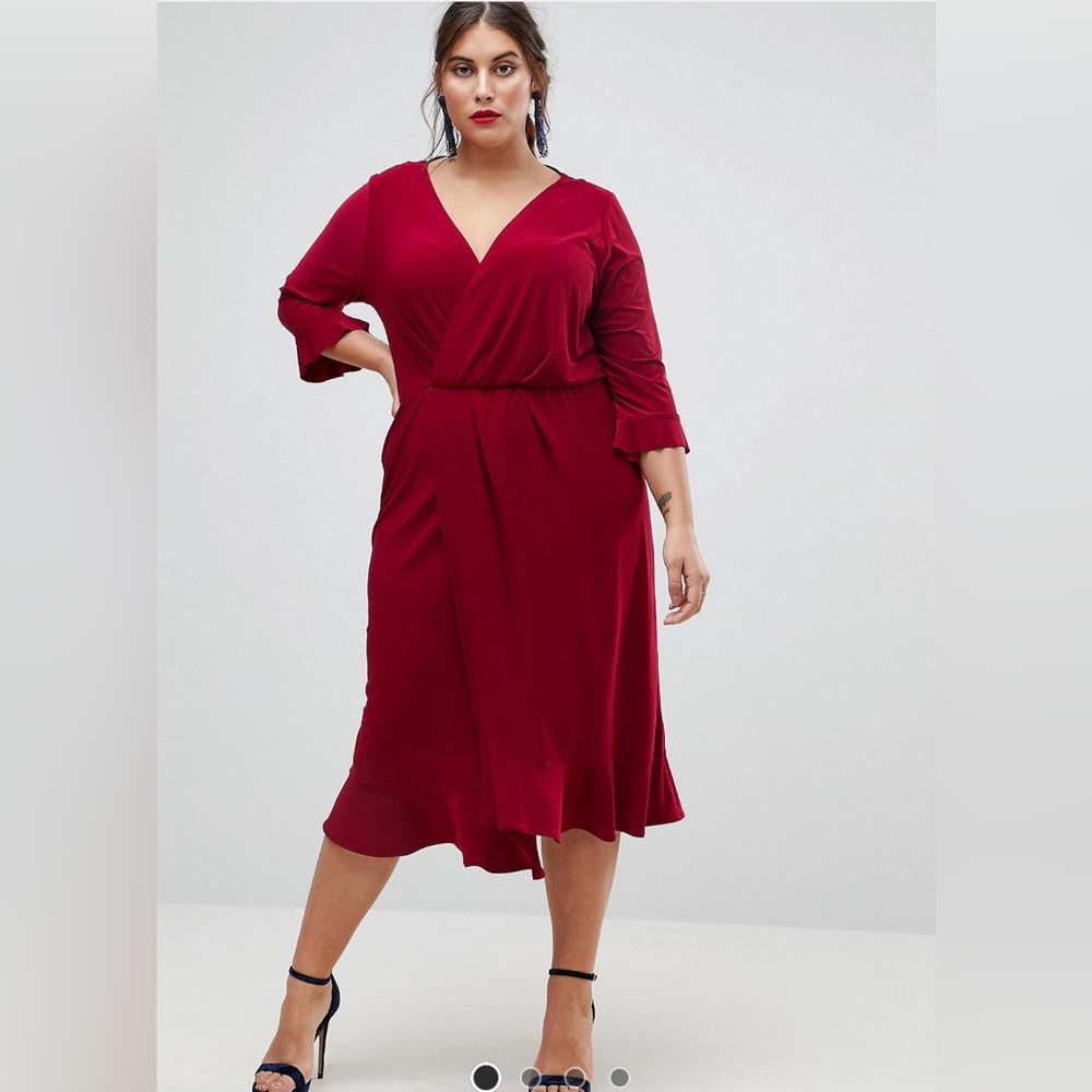 ASOS CURVE wrap front midi dress with frill detail.